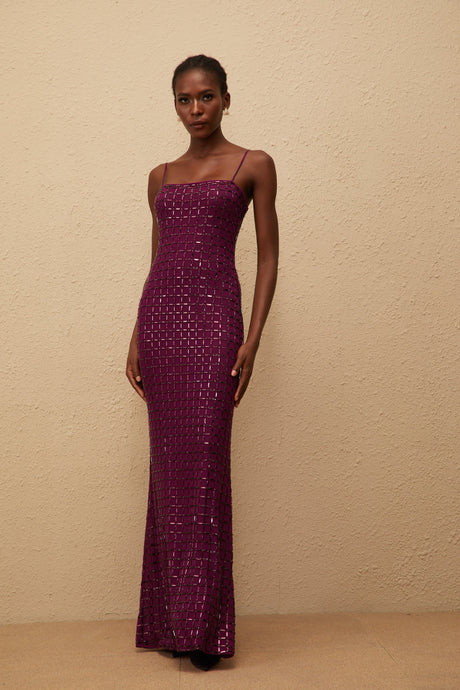 Aurohaya Térébenthine Purple Rhinestone Mesh Maxi Dress