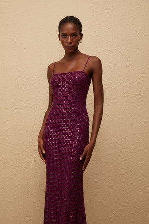 Aurohaya Térébenthine Purple Rhinestone Mesh Maxi Dress