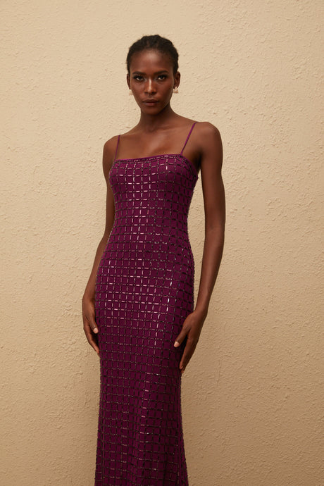 Aurohaya Térébenthine Purple Rhinestone Mesh Maxi Dress