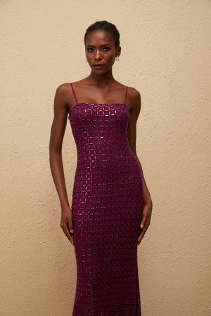 Aurohaya Térébenthine Purple Rhinestone Mesh Maxi Dress