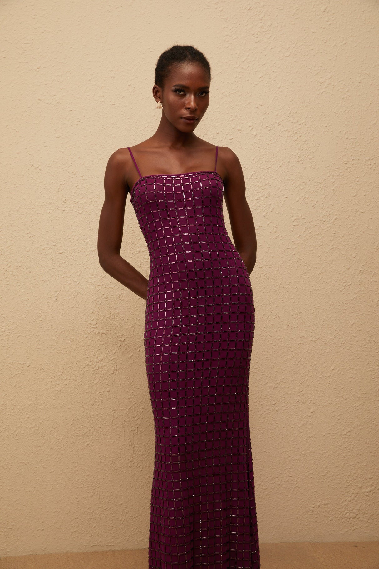Aurohaya Térébenthine Purple Rhinestone Mesh Maxi Dress