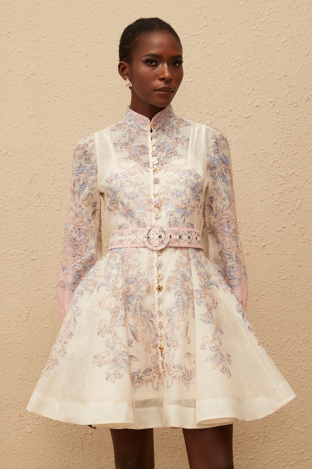 Aurohaya Fabienne Neutral Floral Print Mini Dress