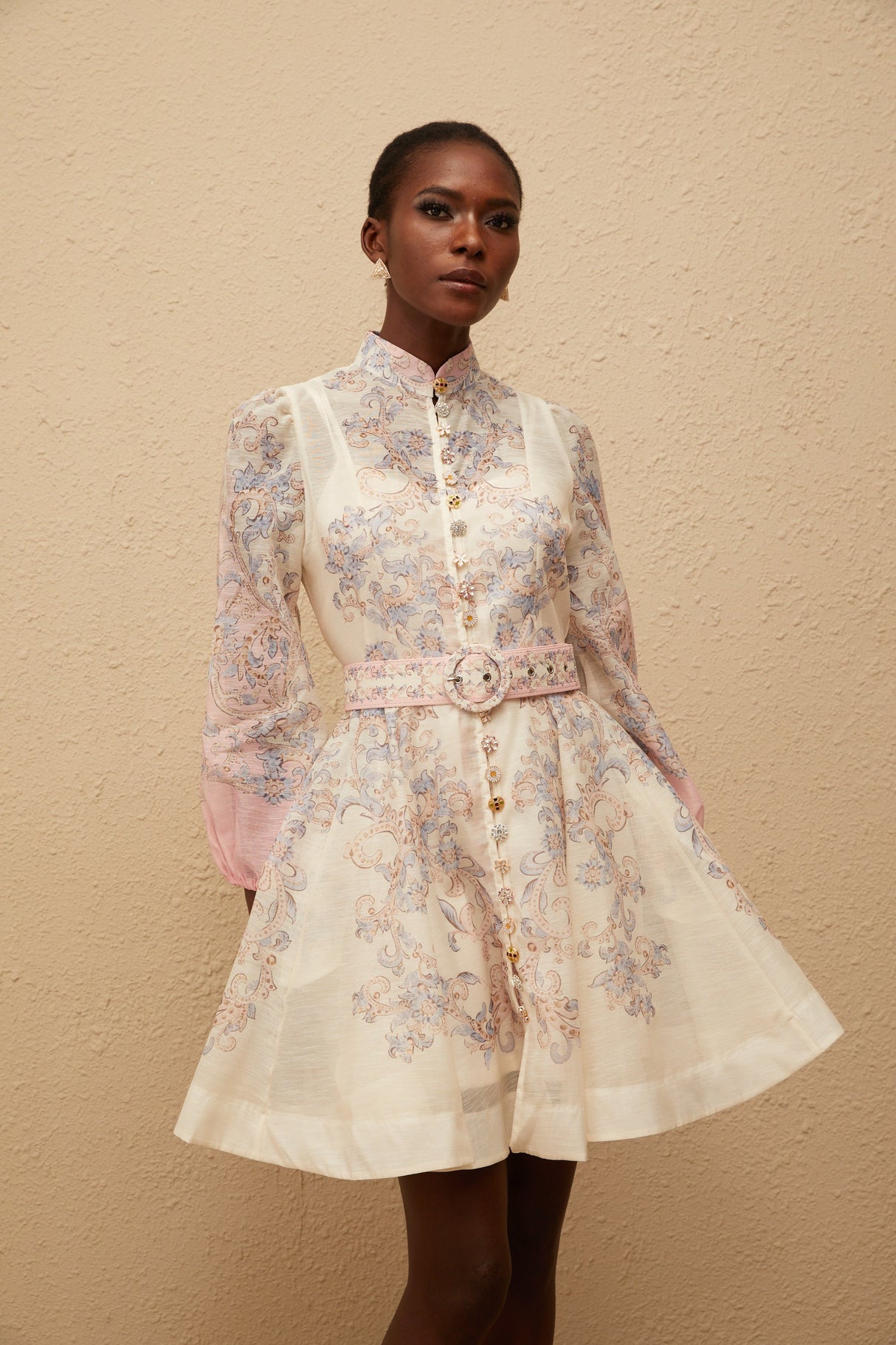 Aurohaya Fabienne Neutral Floral Print Mini Dress