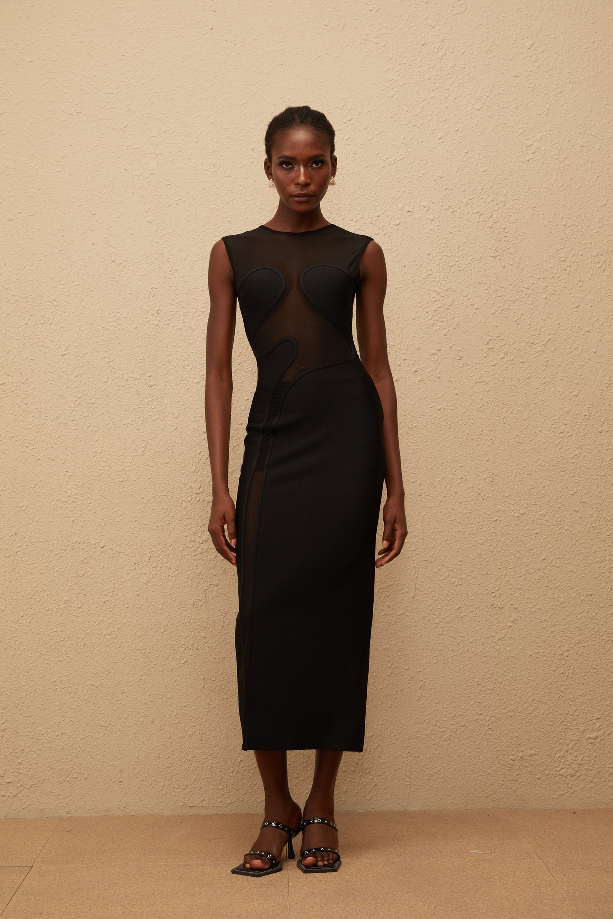 Aurohaya Cyrielle Black Mesh Panel Knit Maxi Dress