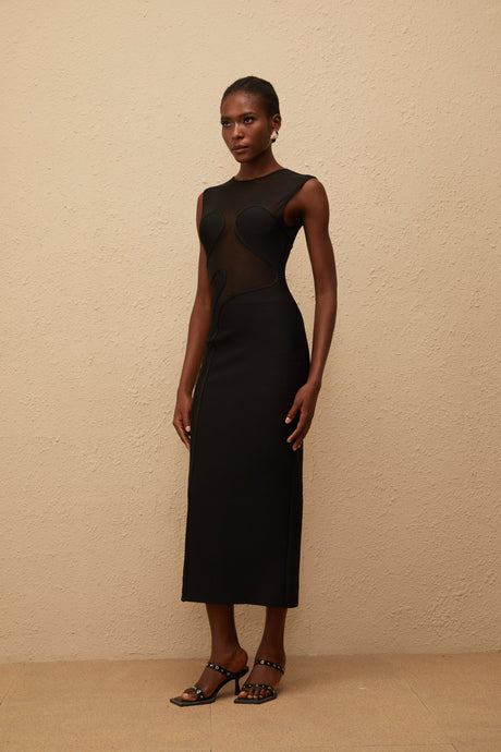 Aurohaya Cyrielle Black Mesh Panel Knit Maxi Dress