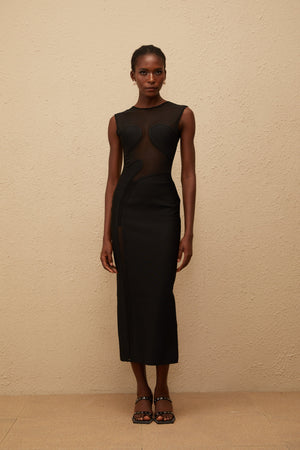 Aurohaya Cyrielle Black Mesh Panel Knit Maxi Dress