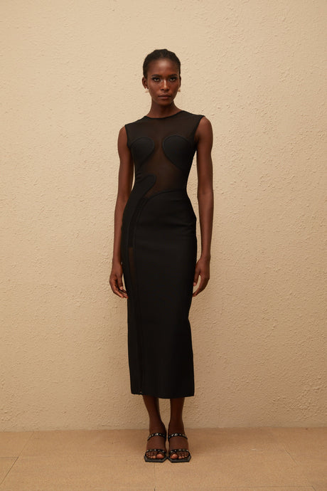 Aurohaya Cyrielle Black Mesh Panel Knit Maxi Dress