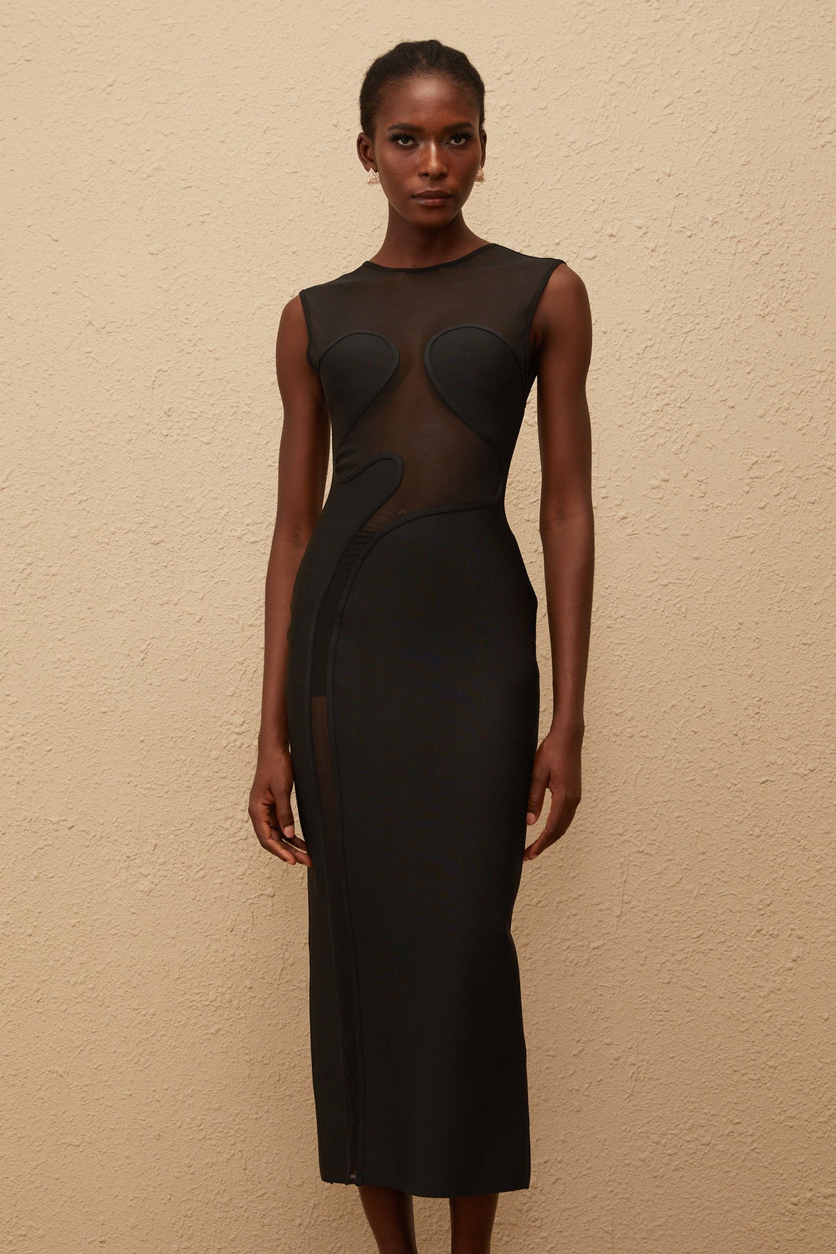 Aurohaya Cyrielle Black Mesh Panel Knit Maxi Dress
