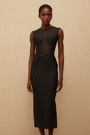 Aurohaya Cyrielle Black Mesh Panel Knit Maxi Dress