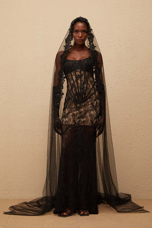 Aurohaya Bertille Black Floral Lace Corset Maxi Dress
