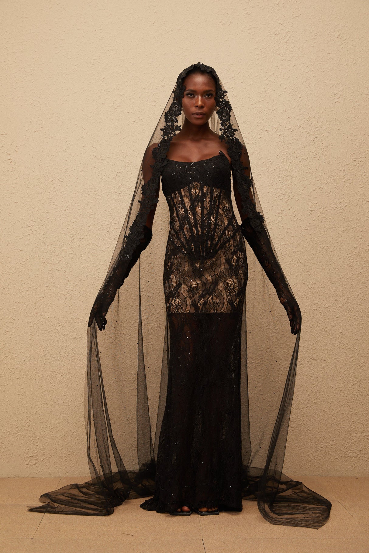 Aurohaya Bertille Black Floral Lace Corset Maxi Dress