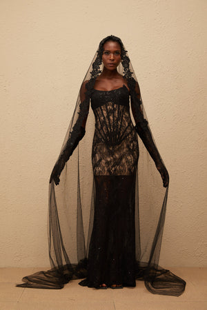 Aurohaya Bertille Black Floral Lace Corset Maxi Dress