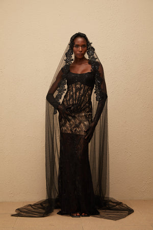Aurohaya Bertille Black Floral Lace Corset Maxi Dress