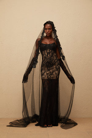 Aurohaya Bertille Black Floral Lace Corset Maxi Dress