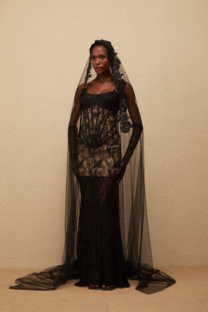 Aurohaya Bertille Black Floral Lace Corset Maxi Dress