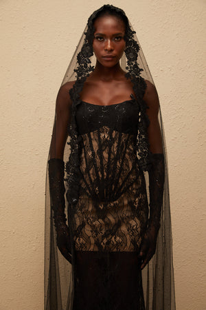 Aurohaya Bertille Black Floral Lace Corset Maxi Dress