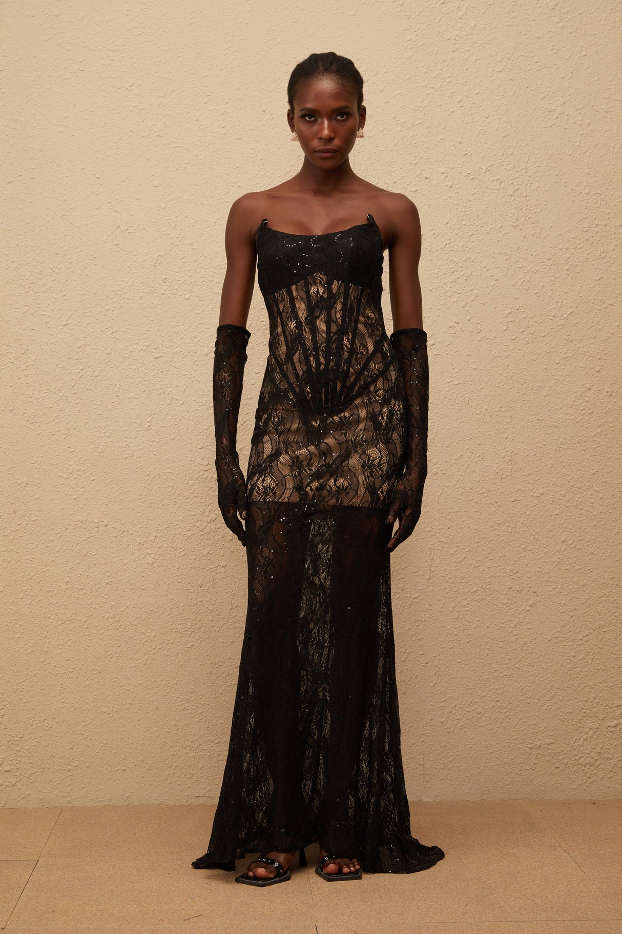 Aurohaya Bertille Black Floral Lace Corset Maxi Dress