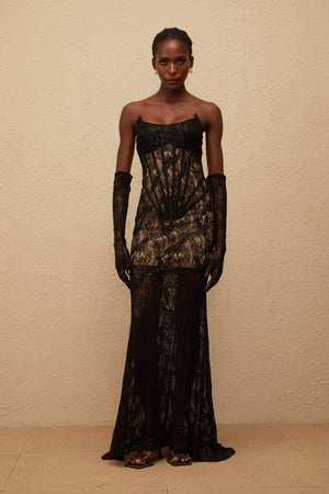 Aurohaya Bertille Black Floral Lace Corset Maxi Dress