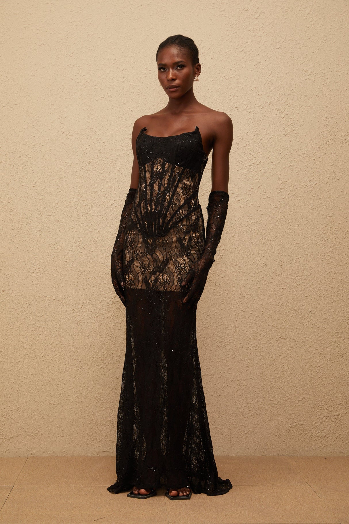 Aurohaya Bertille Black Floral Lace Corset Maxi Dress