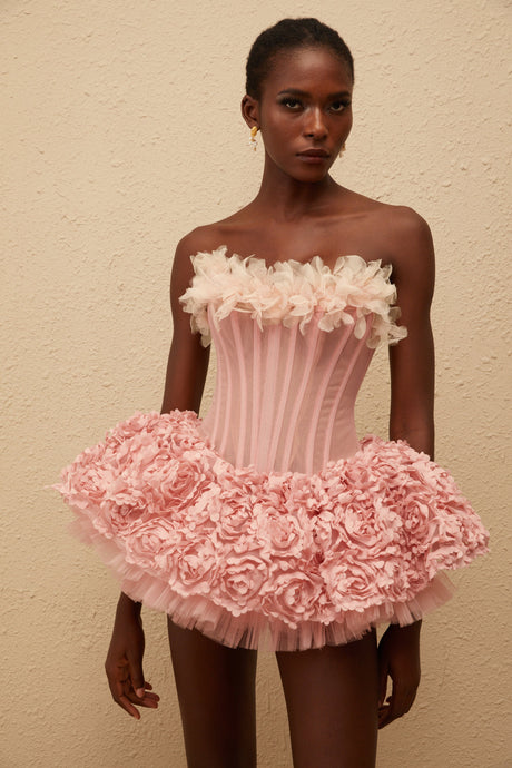 Aurohaya Rachel Pink 3D Petal Tulle Mini Dress