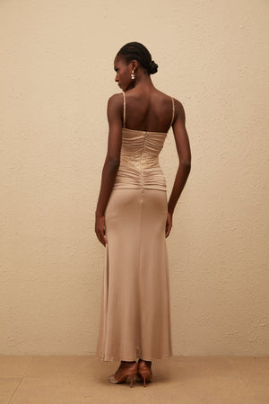 Aurohaya Nevaeh Khaki Twisted Lace Panel Maxi Dress