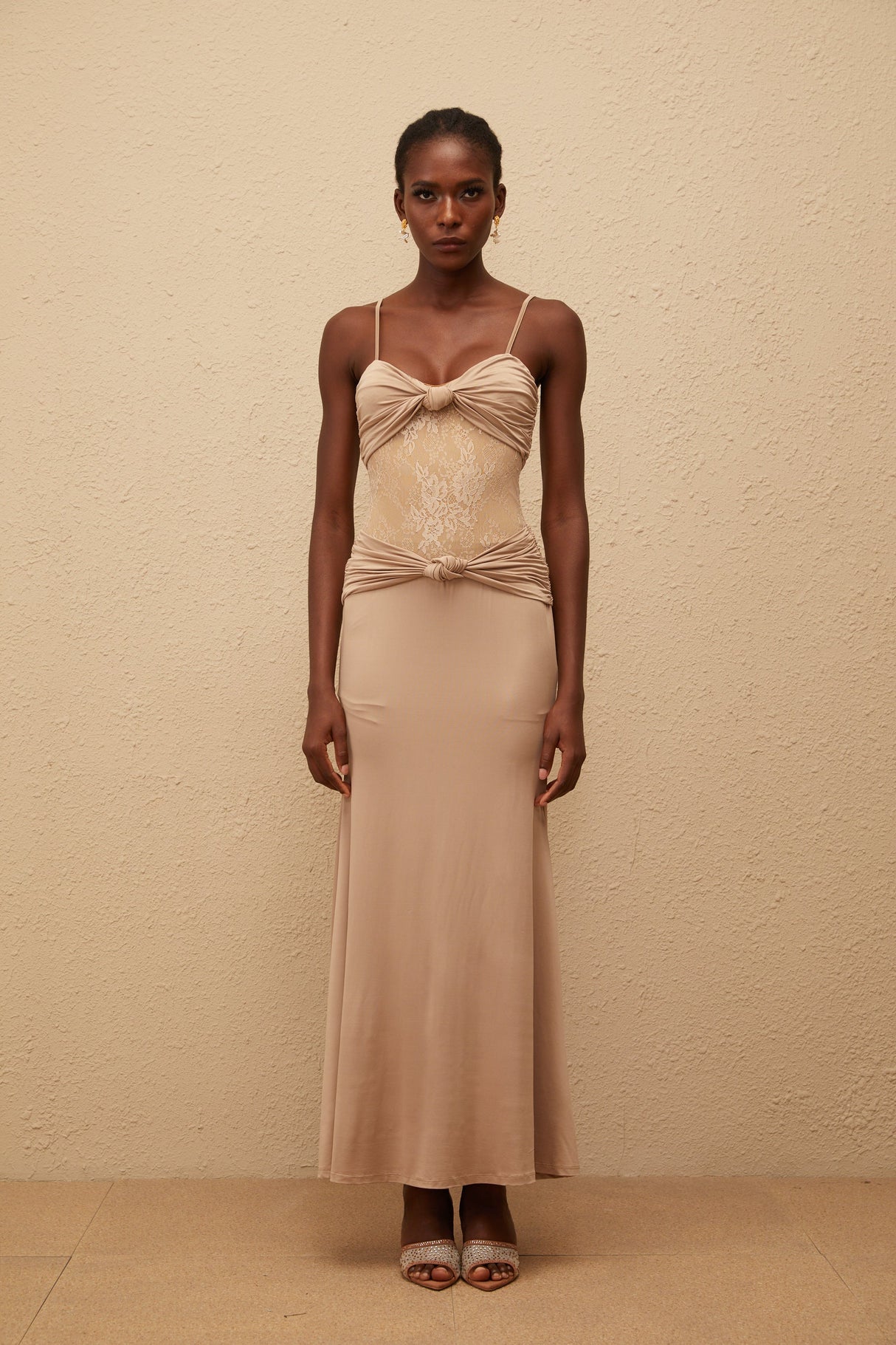 Aurohaya Nevaeh Khaki Twisted Lace Panel Maxi Dress