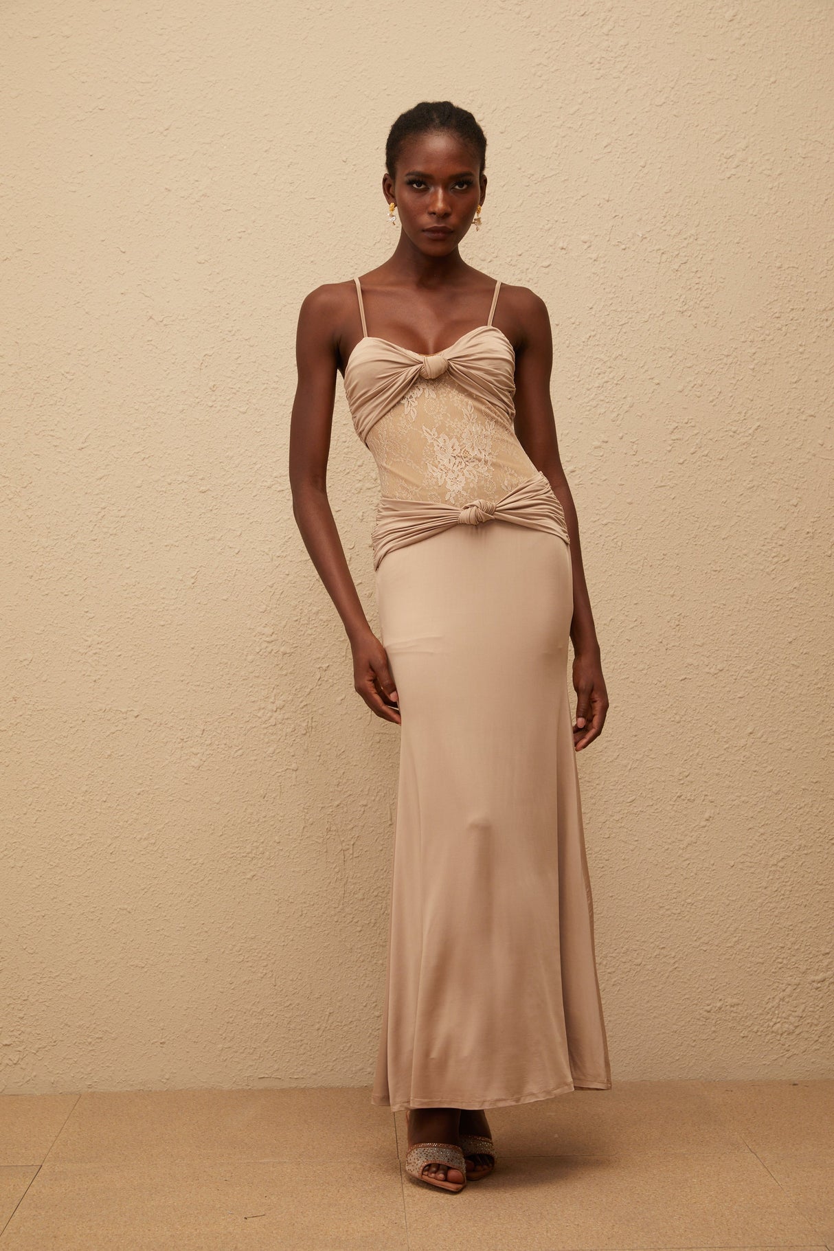 Aurohaya Nevaeh Khaki Twisted Lace Panel Maxi Dress