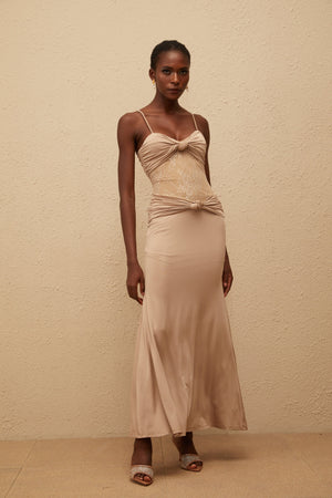 Aurohaya Nevaeh Khaki Twisted Lace Panel Maxi Dress