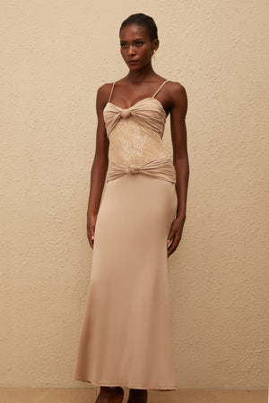 Aurohaya Nevaeh Khaki Twisted Lace Panel Maxi Dress