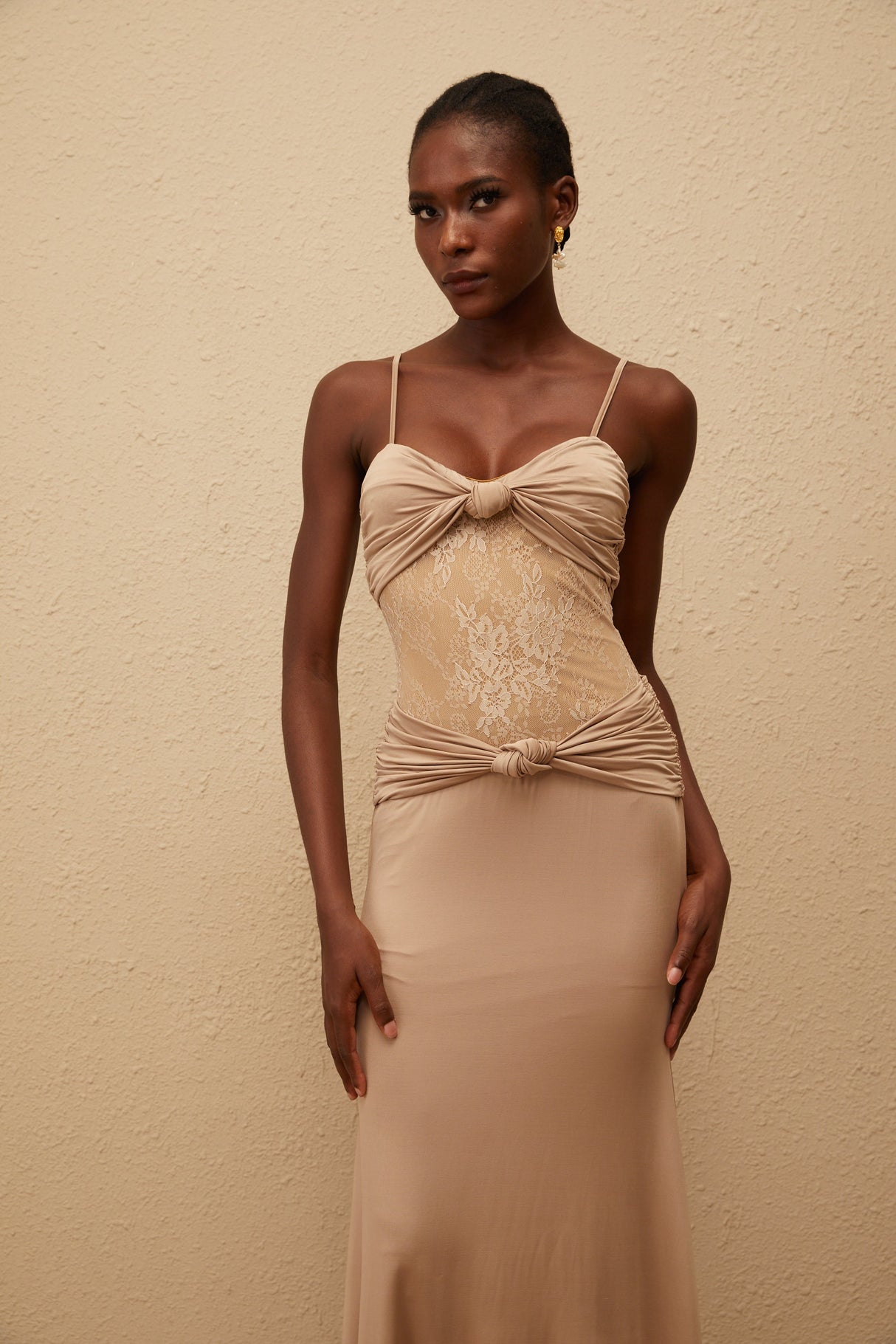 Aurohaya Nevaeh Khaki Twisted Lace Panel Maxi Dress