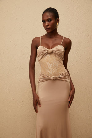 Aurohaya Nevaeh Khaki Twisted Lace Panel Maxi Dress