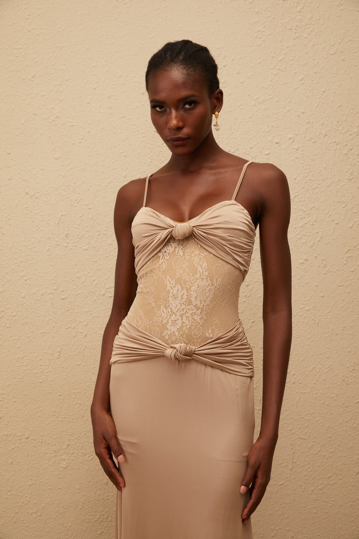 Aurohaya Nevaeh Khaki Twisted Lace Panel Maxi Dress