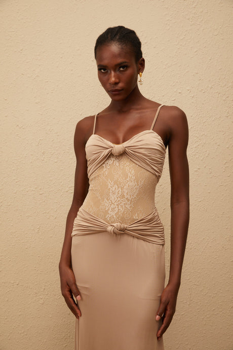 Aurohaya Nevaeh Khaki Twisted Lace Panel Maxi Dress