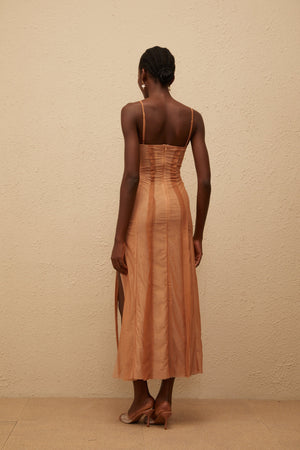 Aurohaya Roxane Brown Asymmetrical Tulle Maxi Dress