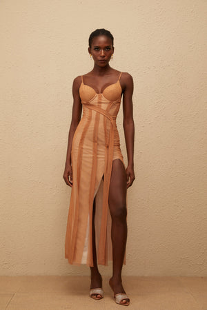 Aurohaya Roxane Brown Asymmetrical Tulle Maxi Dress