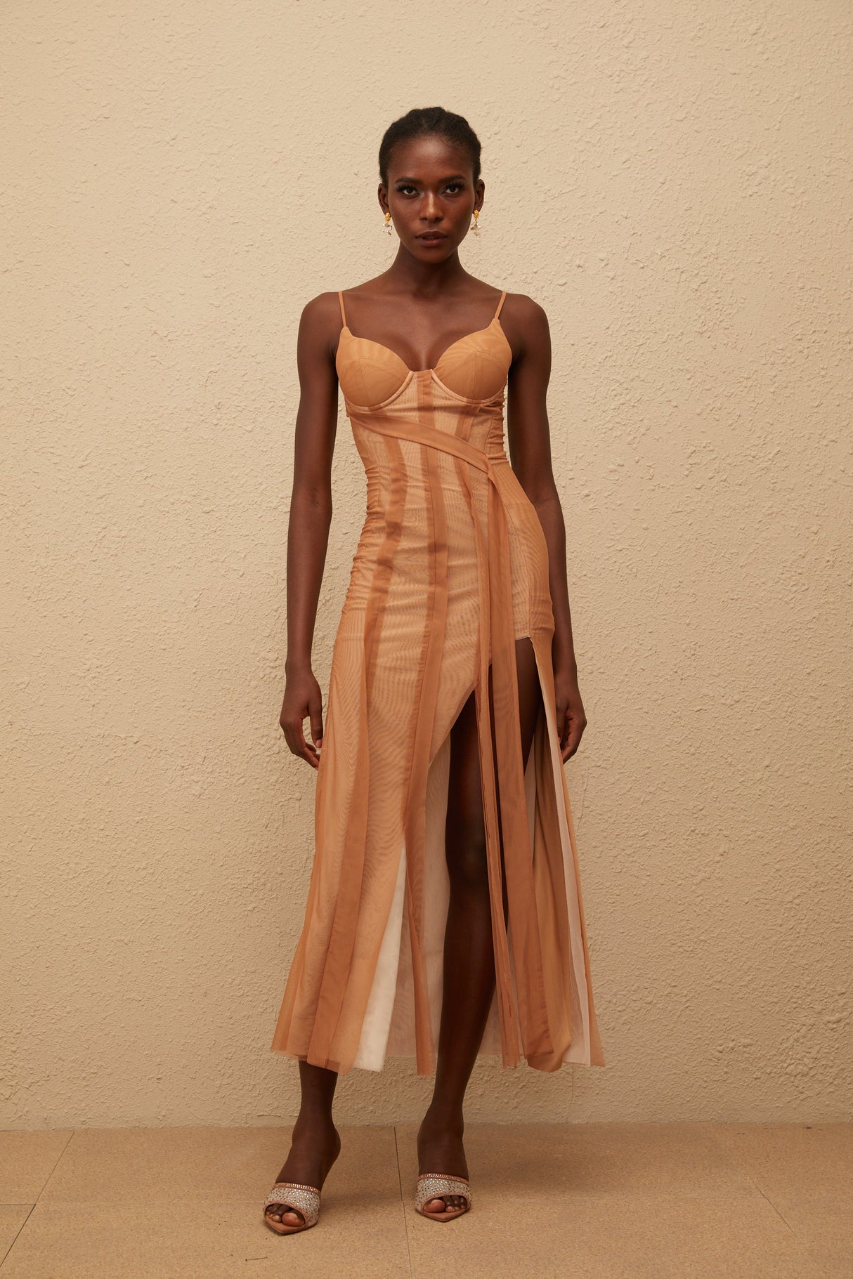 Aurohaya Roxane Brown Asymmetrical Tulle Maxi Dress
