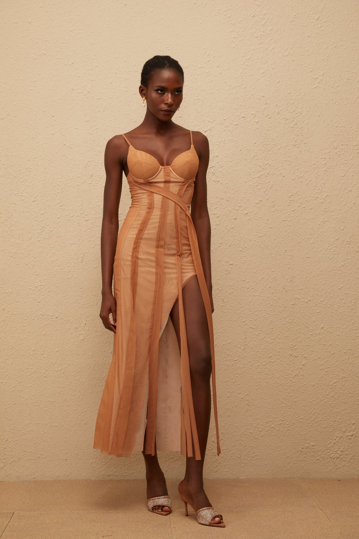 Aurohaya Roxane Brown Asymmetrical Tulle Maxi Dress