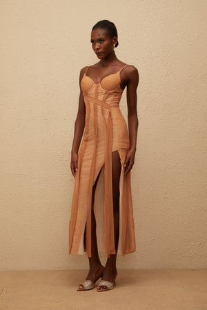 Aurohaya Roxane Brown Asymmetrical Tulle Maxi Dress