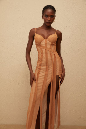 Aurohaya Roxane Brown Asymmetrical Tulle Maxi Dress