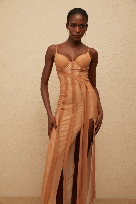 Aurohaya Roxane Brown Asymmetrical Tulle Maxi Dress