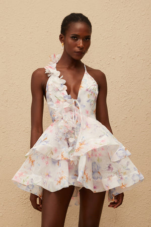 Aurohaya Julia Pink Asymmetrical Floral Tulle Mini Dress