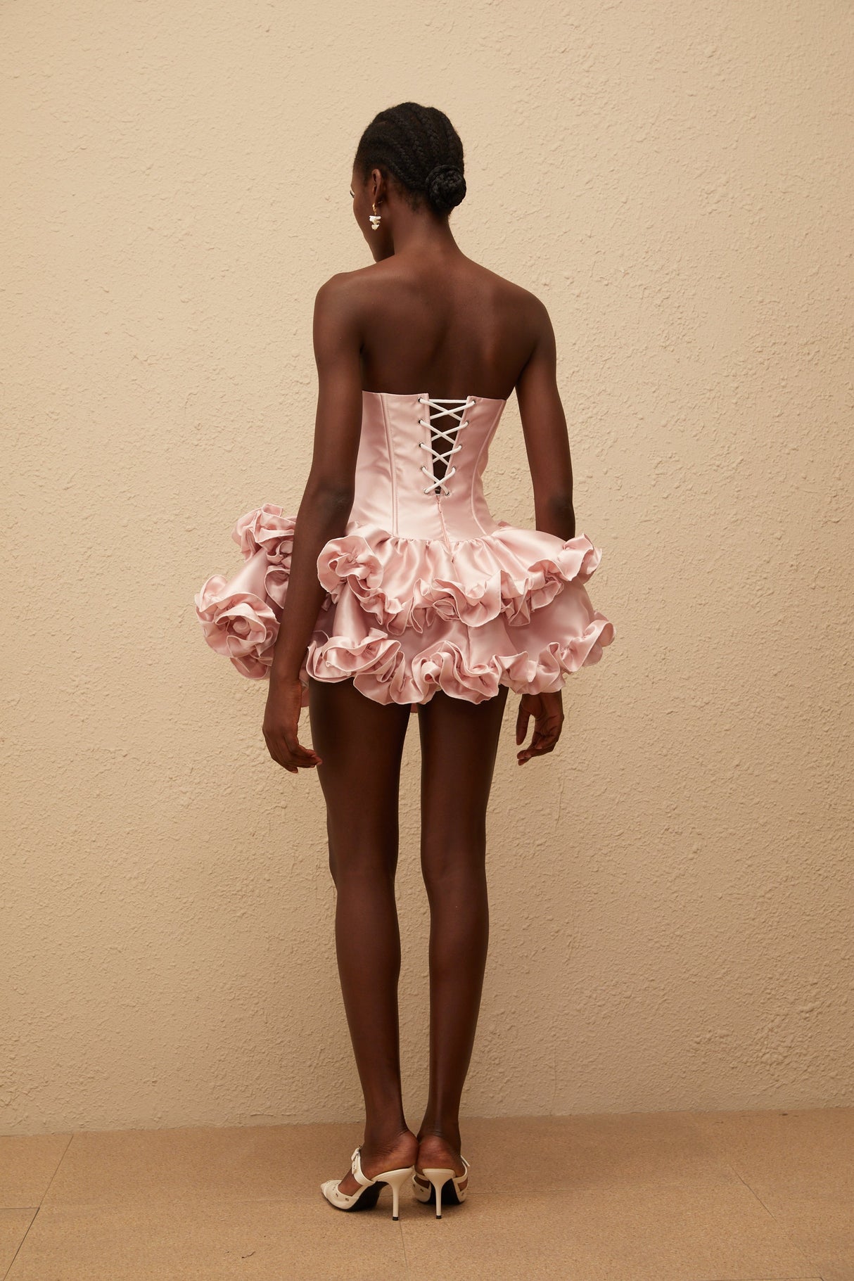 Aurohaya Laurine Pink Ruffled Satin Mini Dress