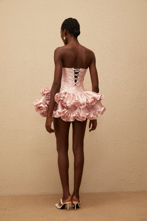 Aurohaya Laurine Pink Ruffled Satin Mini Dress