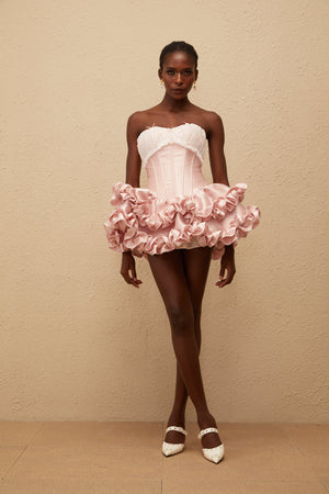 Aurohaya Laurine Pink Ruffled Satin Mini Dress