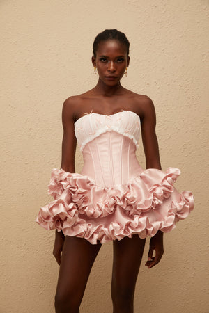 Aurohaya Laurine Pink Ruffled Satin Mini Dress