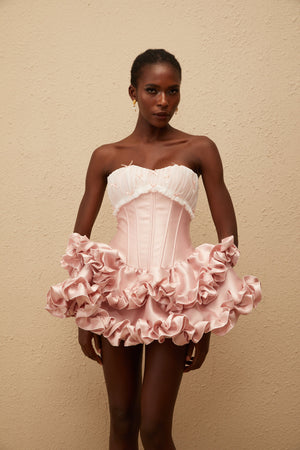 Aurohaya Laurine Pink Ruffled Satin Mini Dress