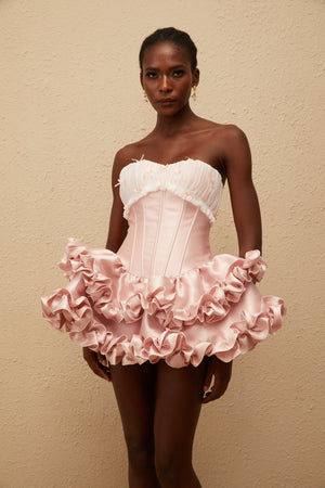 Aurohaya Laurine Pink Ruffled Satin Mini Dress