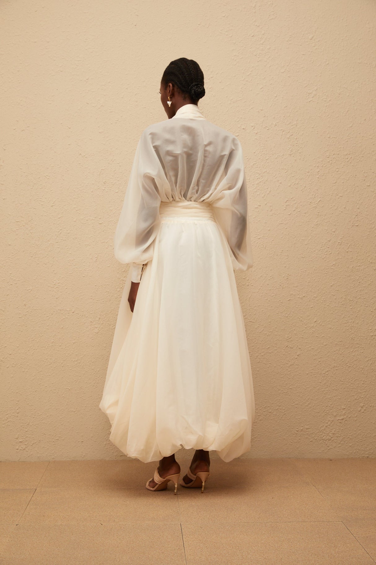 Aurohaya Riley Cream White Draped Tulle Maxi Dress