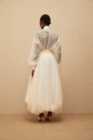 Aurohaya Riley Cream White Draped Tulle Maxi Dress