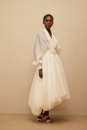 Aurohaya Riley Cream White Draped Tulle Maxi Dress